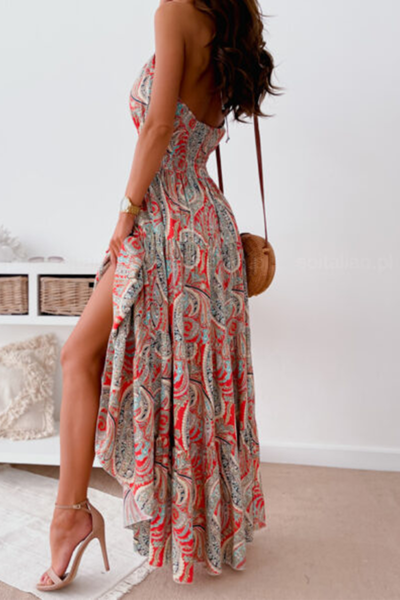 Print Split Joint Halter Waist Skirt Dresses Ins Street