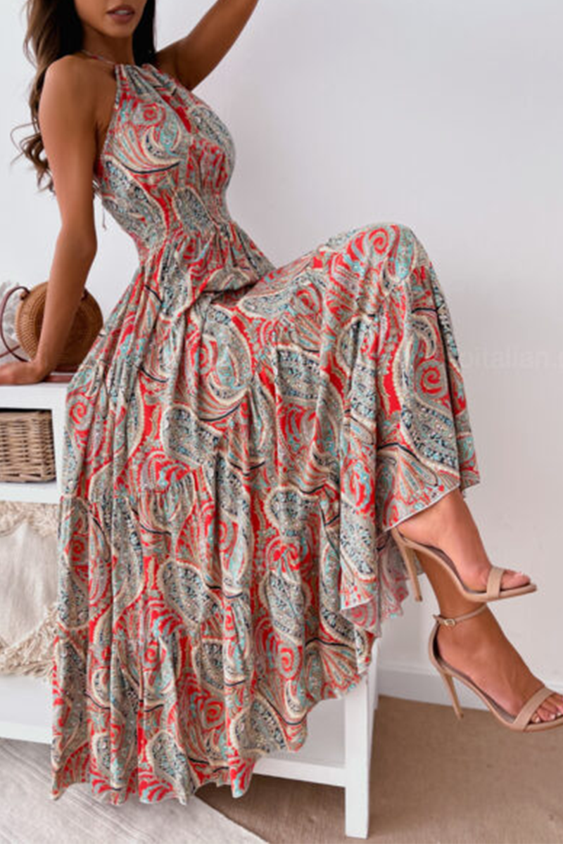 Print Split Joint Halter Waist Skirt Dresses Ins Street