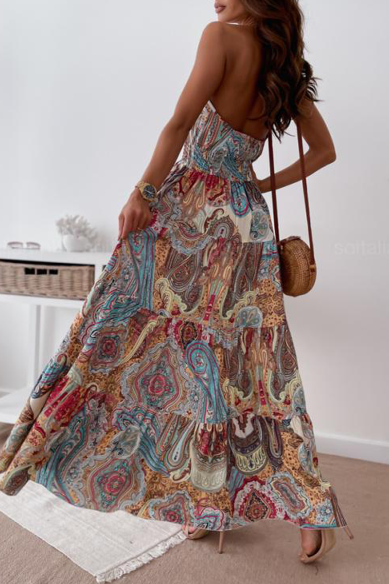 Print Split Joint Halter Waist Skirt Dresses Ins Street