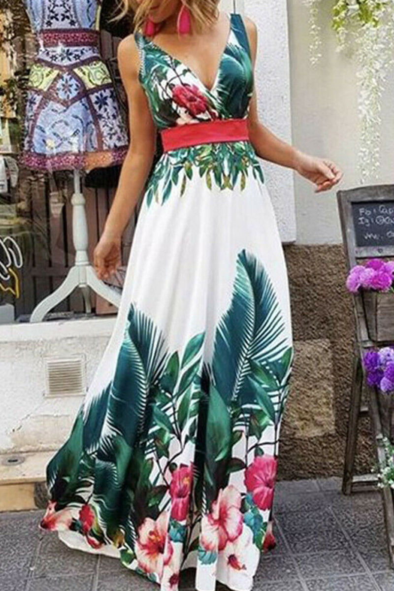 Print Split Joint V Neck Waist Skirt Dresses Ins Street