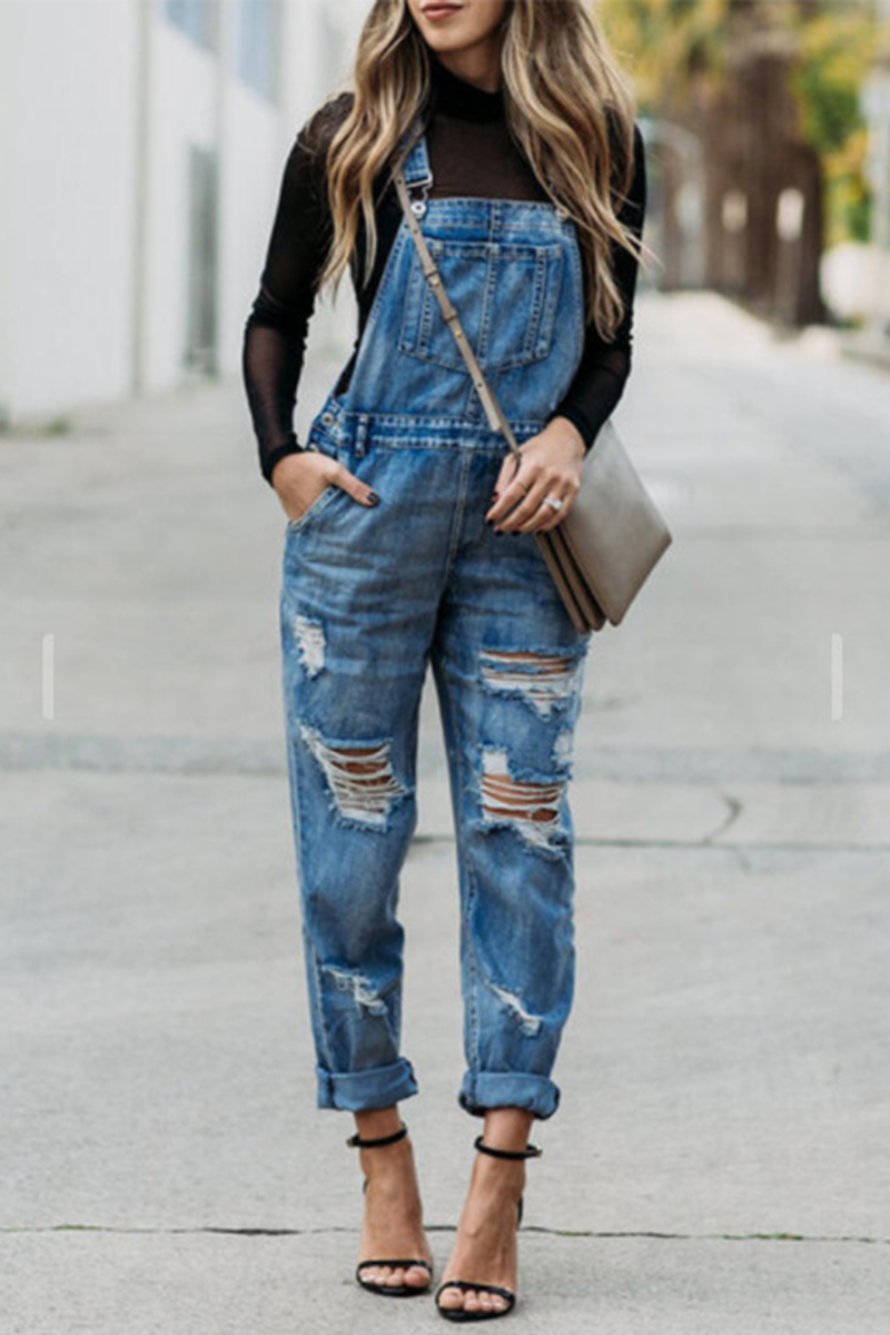 Solid Ripped Square Collar Harlan Jumpsuits Ins Street