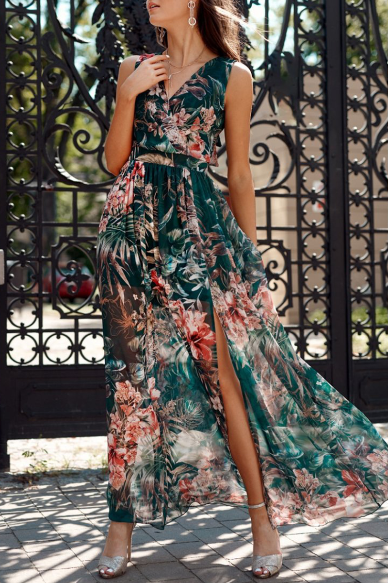 Print Slit V Neck Mesh Dress Dresses Ins Street