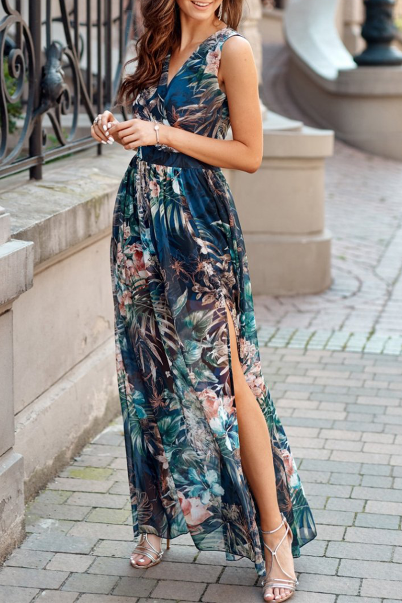 Print Slit V Neck Mesh Dress Dresses Ins Street
