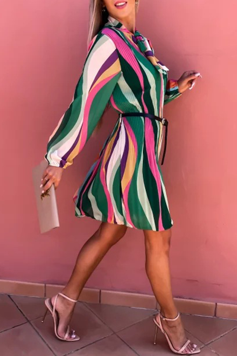 Striped Bandage O Neck Straight Dresses Ins Street