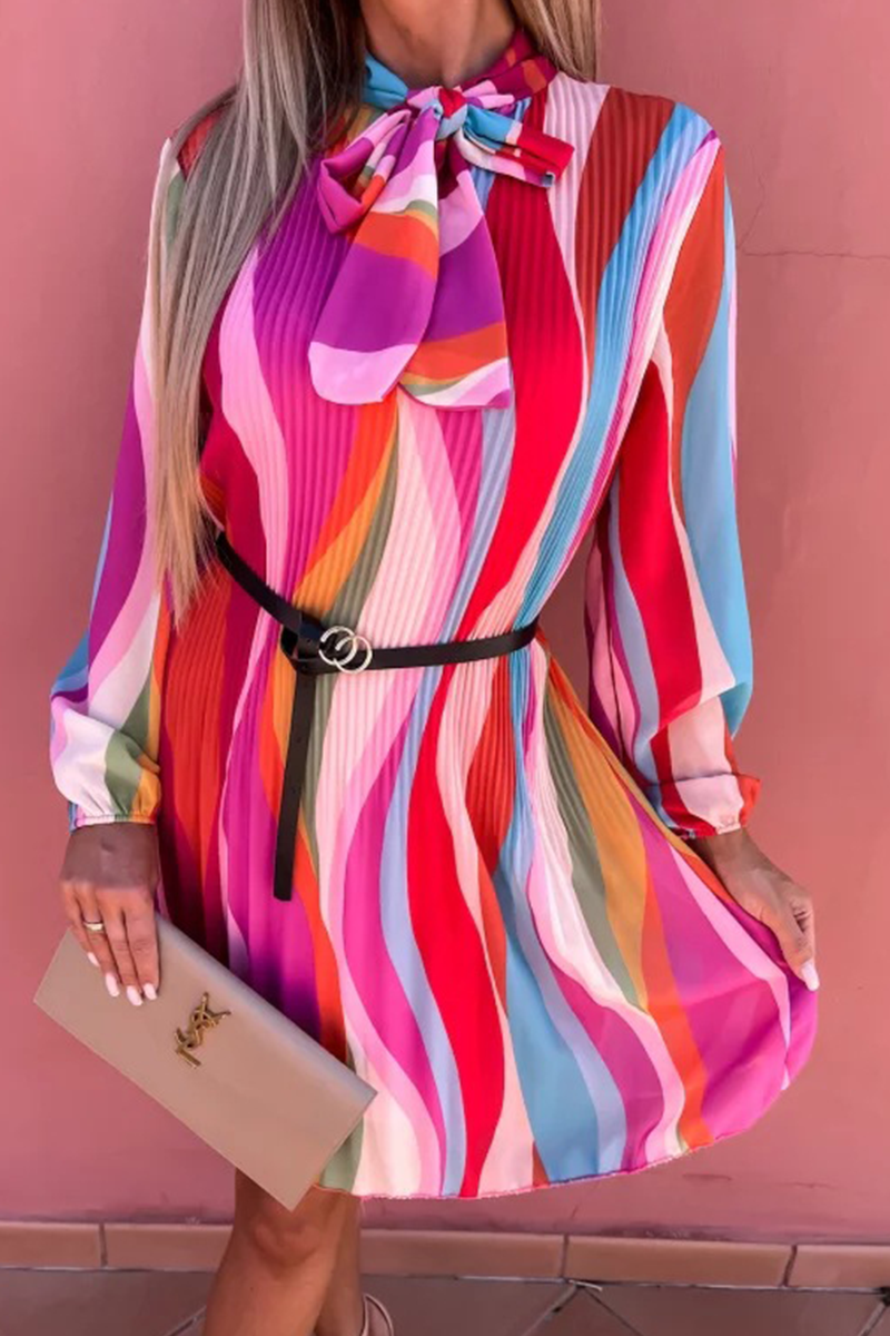 Striped Bandage O Neck Straight Dresses Ins Street