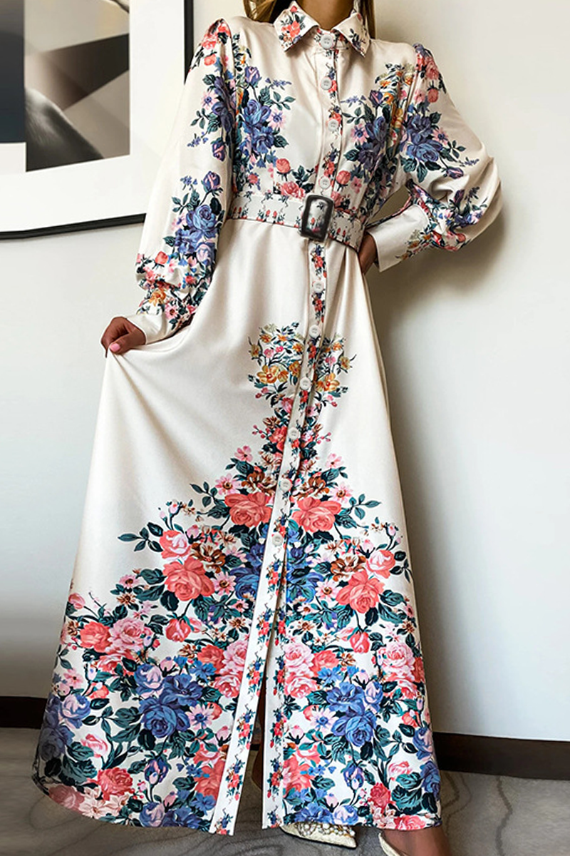 Print Turndown Collar Waist Skirt Dresses Ins Street