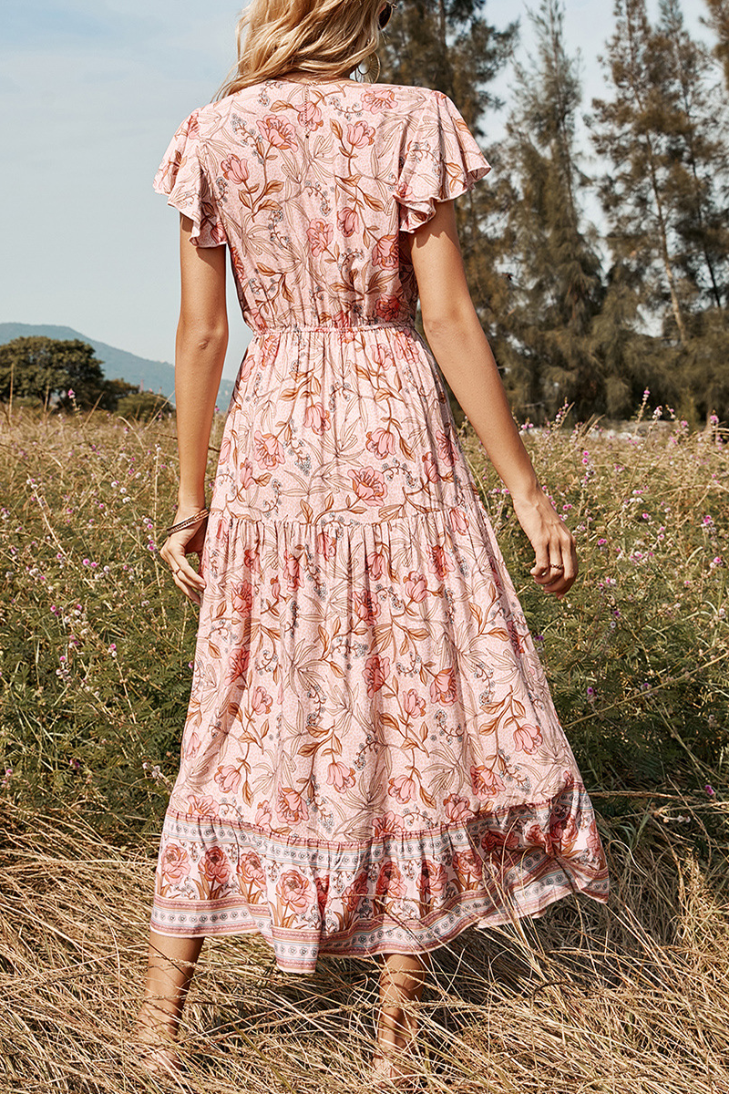 Print Split Joint V Neck Cake Skirt Dresses Ins Street