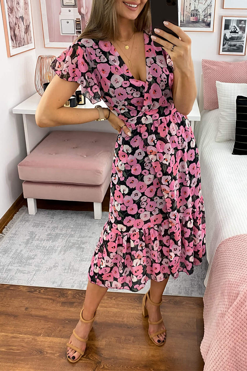 Print Flounce V Neck Cake Skirt Dresses Ins Street