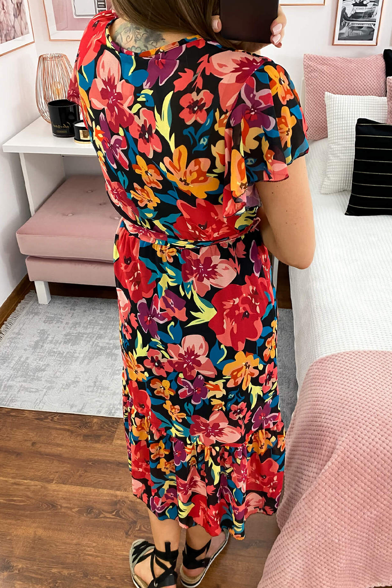 Print Flounce V Neck Cake Skirt Dresses Ins Street