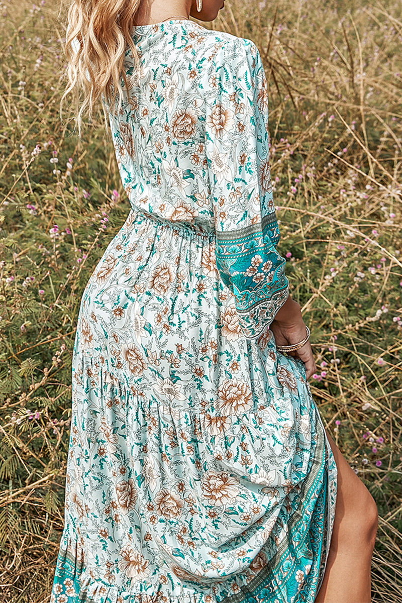 Print Split Joint V Neck Cake Skirt Dresses Ins Street