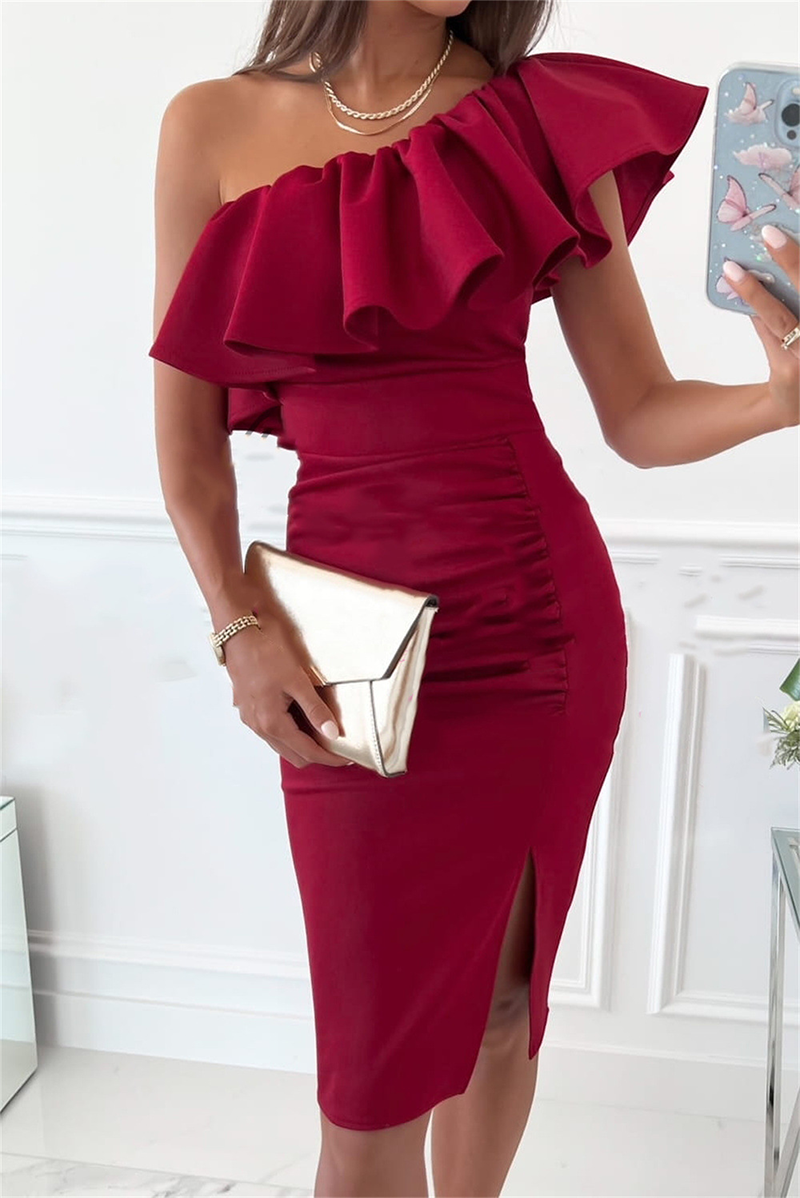 Solid Flounce One Shoulder Pencil Skirt Dresses(3 colors) Ins Street