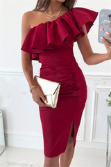 Solid Flounce One Shoulder Pencil Skirt Dresses(3 colors) Ins Street