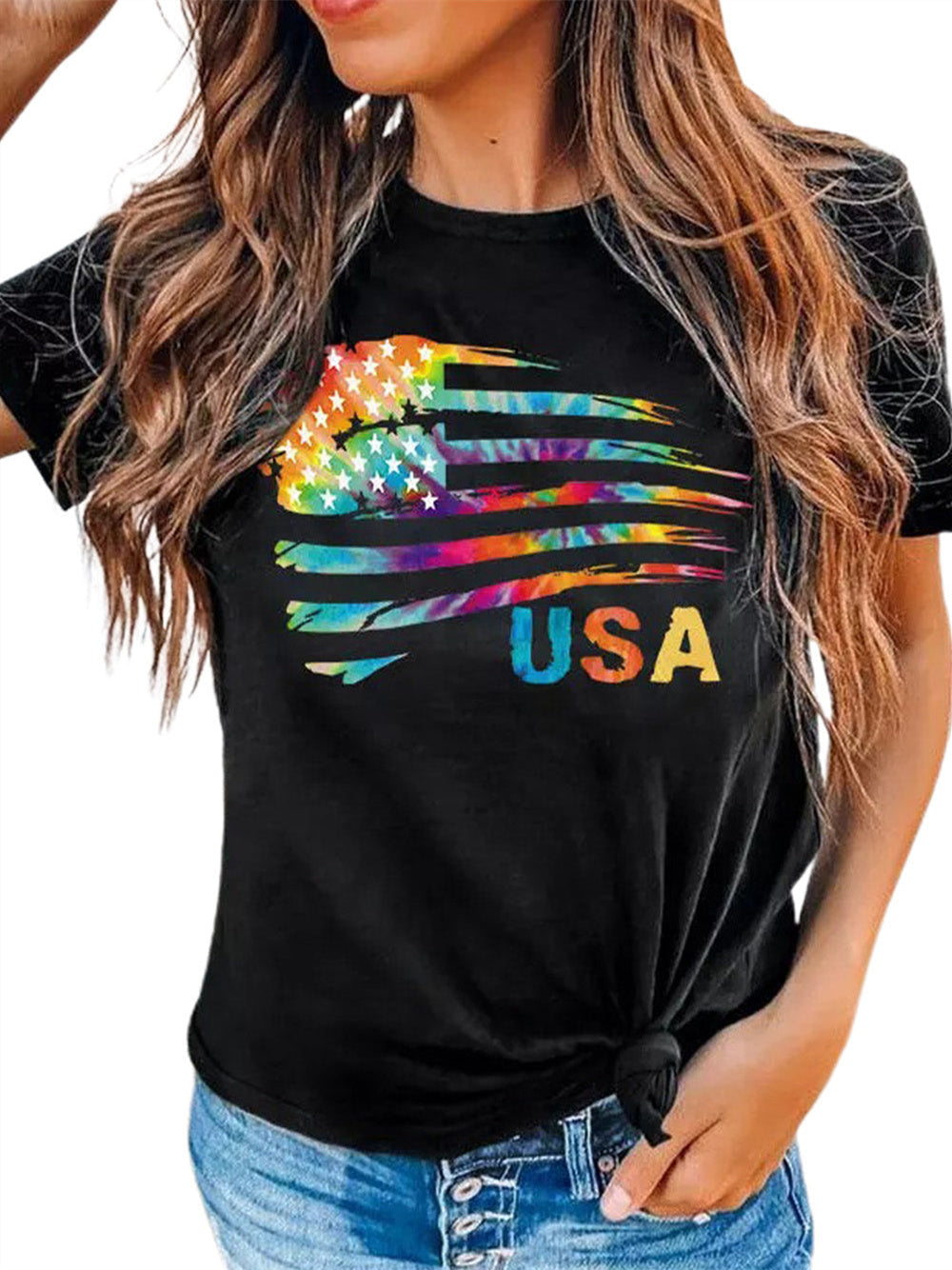 Tie-dye American Flag Graphic Print Short Sleeve Graphic T-shirt 2023-03-14 InsStreet