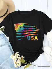 Tie-dye American Flag Graphic Print Short Sleeve Graphic T-shirt 2023-03-14 InsStreet