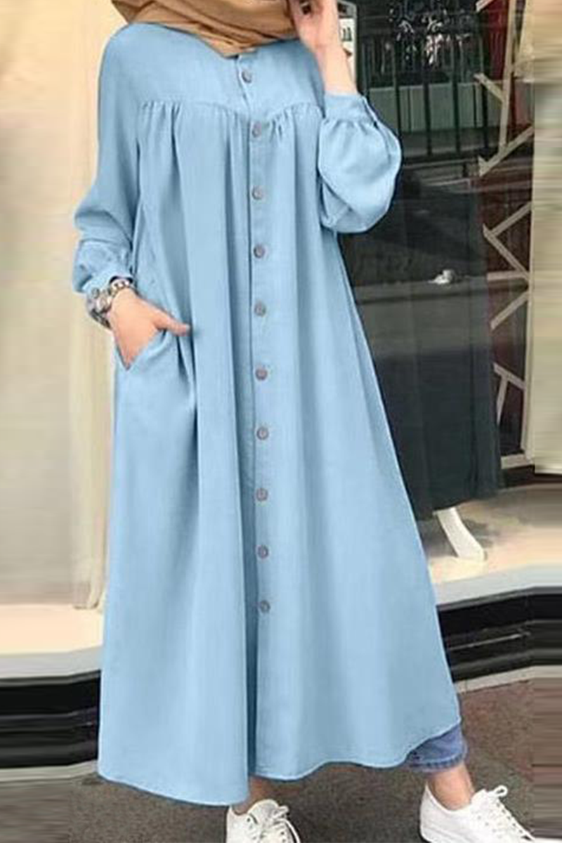 Solid Buckle Mandarin Collar Shirt Dresses(5 colors) Ins Street