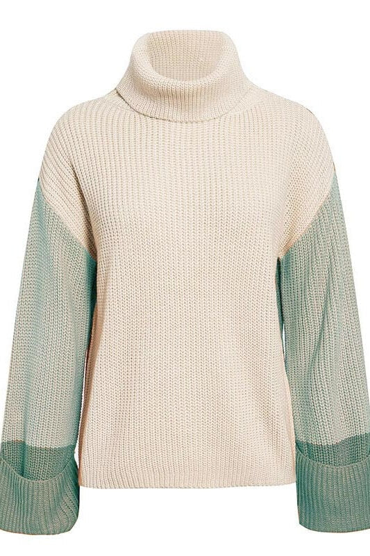 Contrast Sleeve Turn-Up Cuff Turtleneck Sweater Ins street