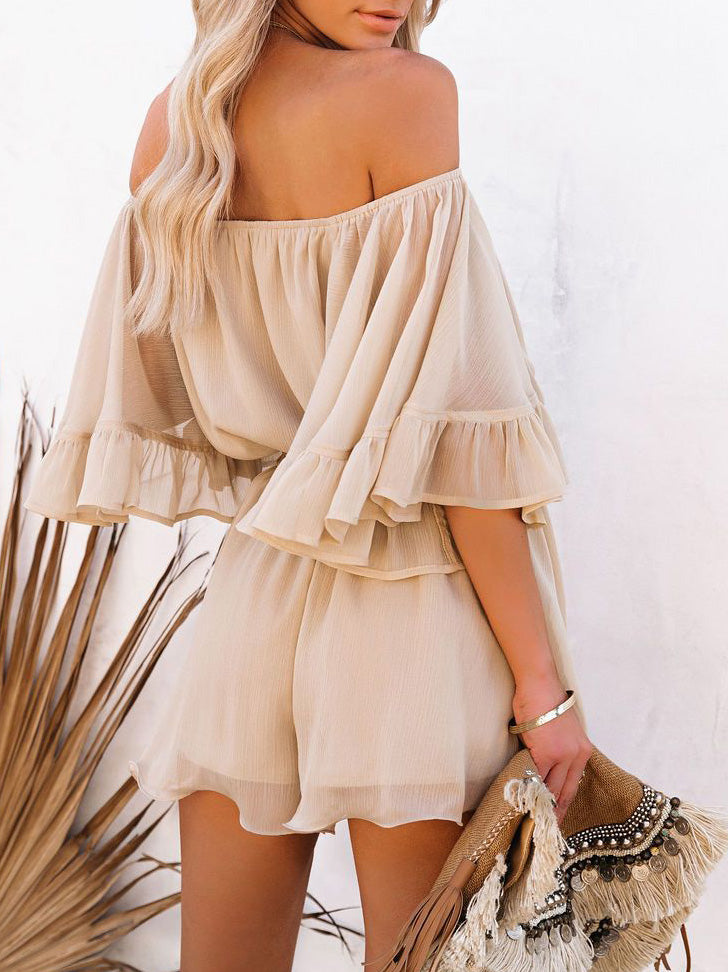 One-Shoulder Short Sleeve Solid Chiffon Jumpsuit Ins Street