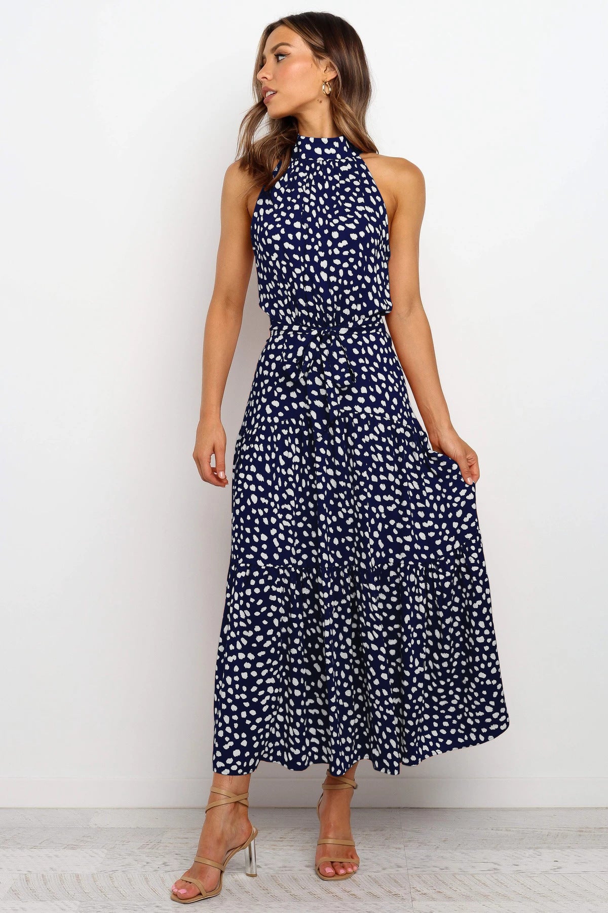 Local Flare Polka Dot Tie Midi Dress Ins Street