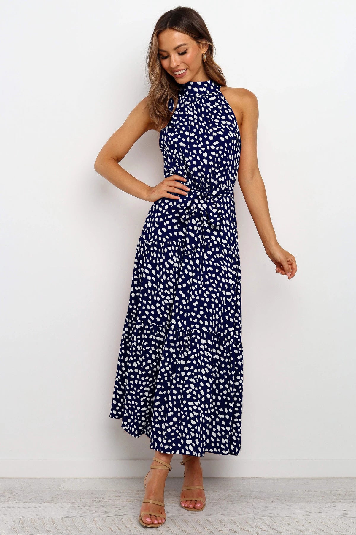 Local Flare Polka Dot Tie Midi Dress Ins Street