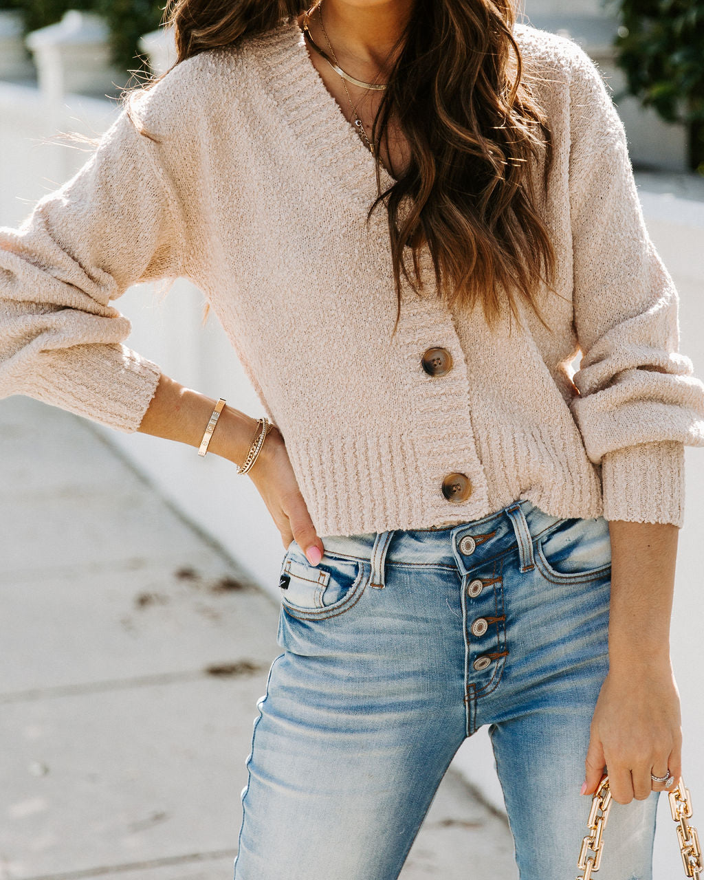 Fallon Button Front Crop Knit Cardigan - Oatmeal - FINAL SALE Ins Street