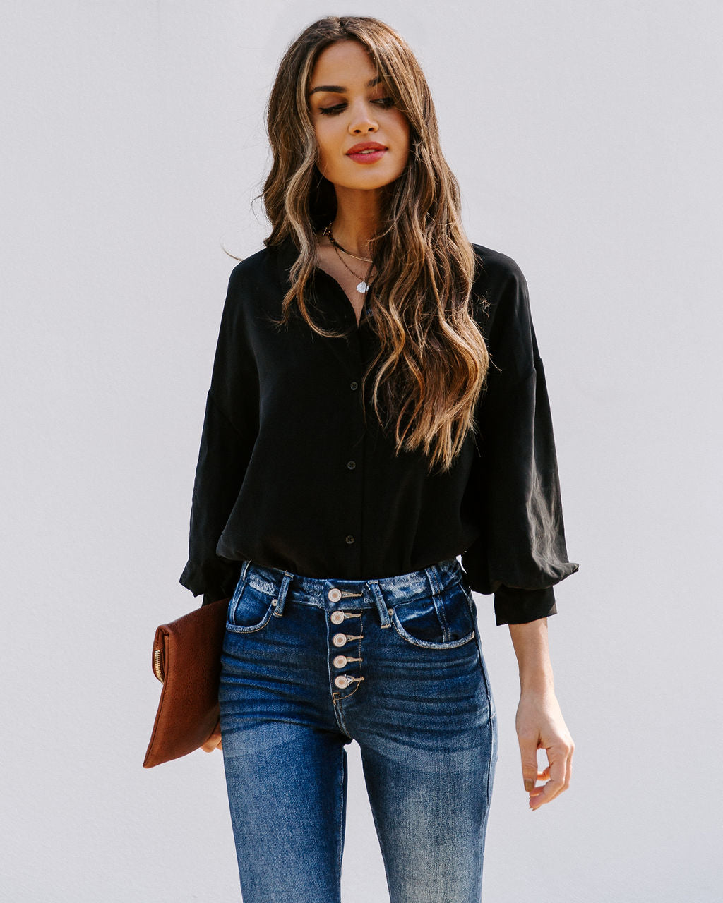 No Effort Puff Sleeve Button Down Blouse - Black Ins Street