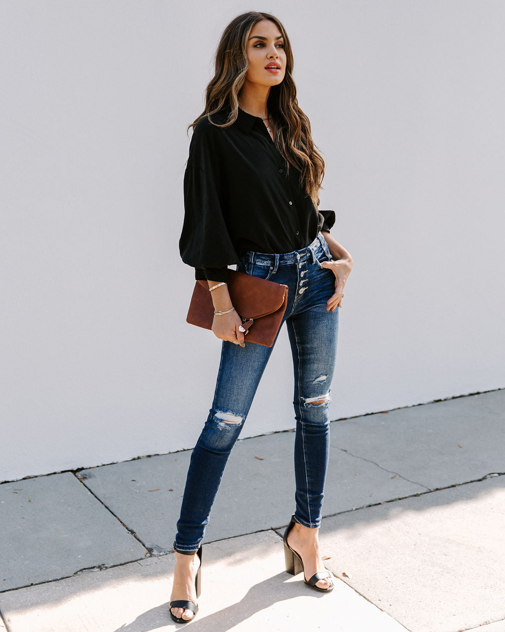 No Effort Puff Sleeve Button Down Blouse - Black Ins Street