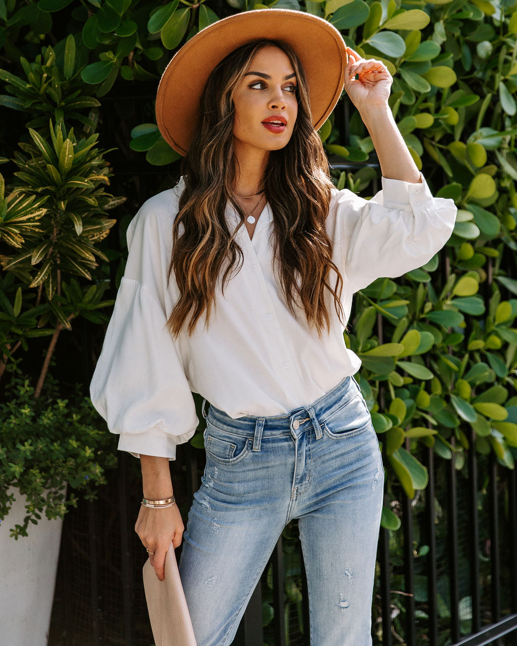 No Effort Puff Sleeve Button Down Blouse - White Ins Street