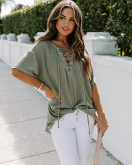 Tundra Lace Up Knit Top - Olive POL-001