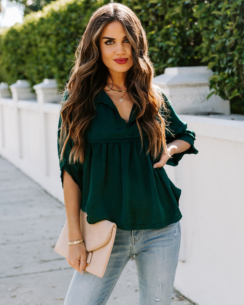 Tabitha Satin Babydoll Blouse - Hunter Green Ins Street