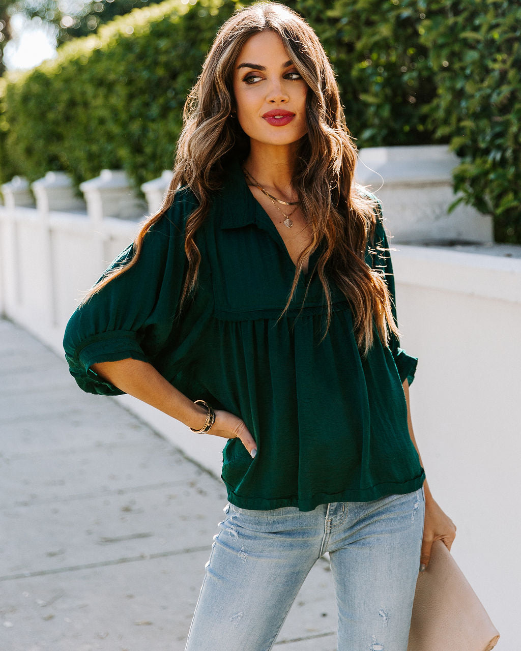 Tabitha Satin Babydoll Blouse - Hunter Green Ins Street