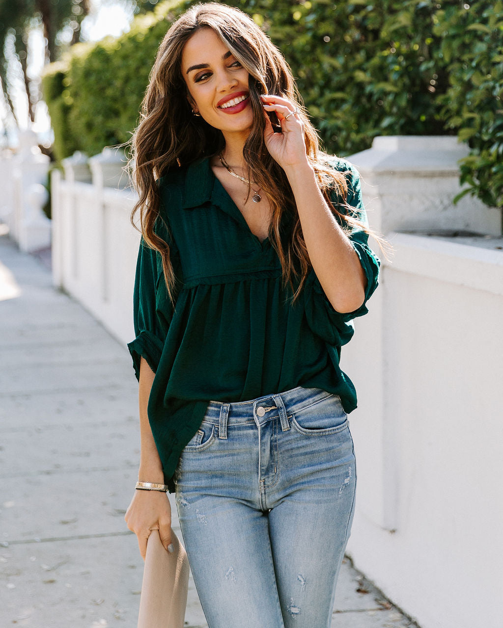 Tabitha Satin Babydoll Blouse - Hunter Green Ins Street