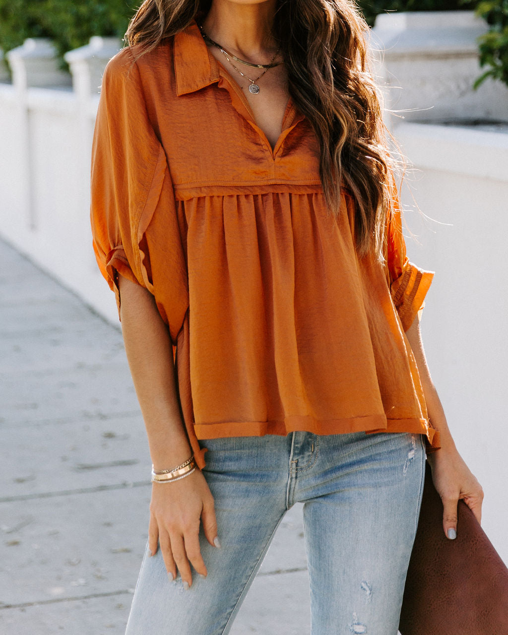 Tabitha Satin Babydoll Blouse - Burnt Orange Ins Street