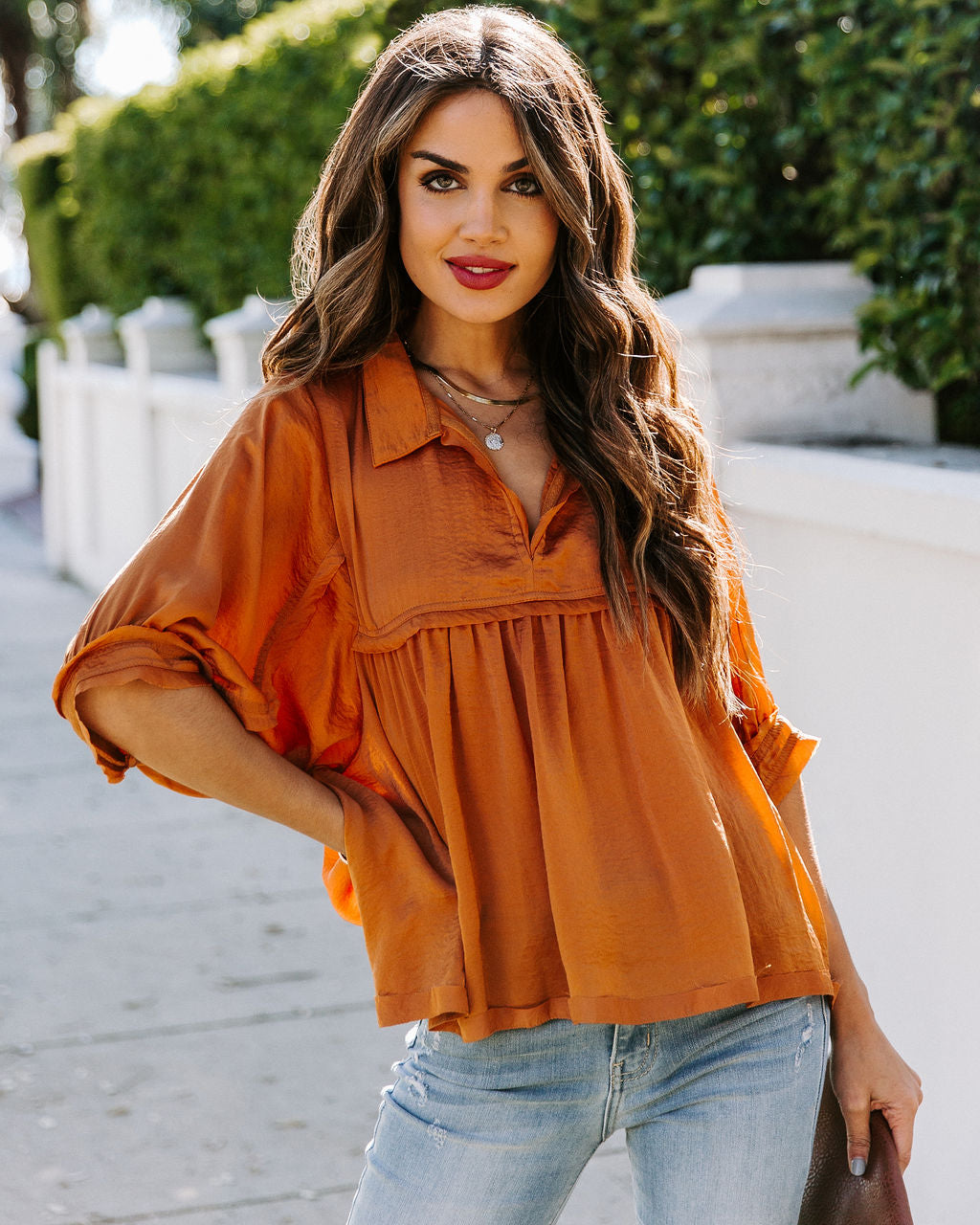 Tabitha Satin Babydoll Blouse - Burnt Orange Ins Street