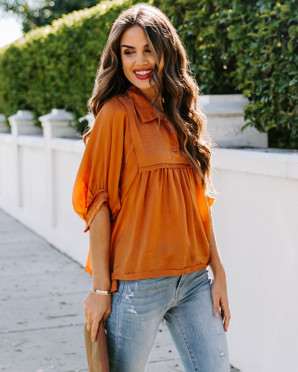 Tabitha Satin Babydoll Blouse - Burnt Orange Ins Street