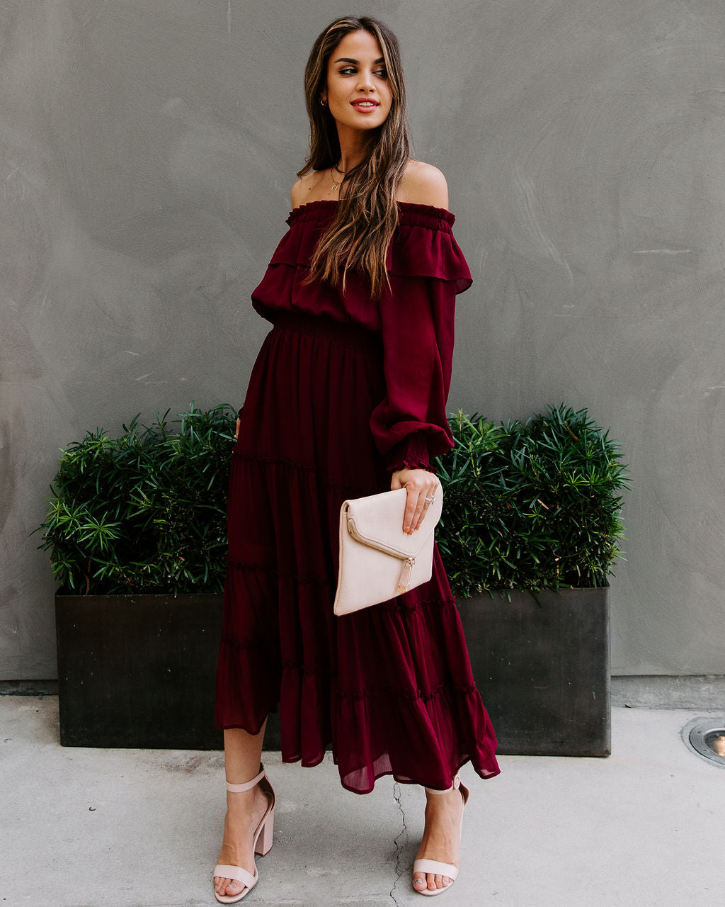 Alicia Off The Shoulder Tiered Midi Dress - Burgundy FATE-001