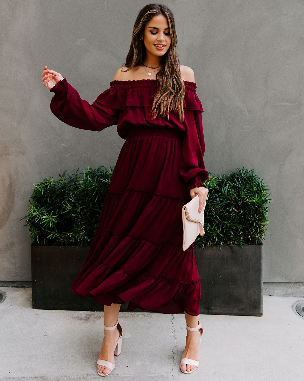 Alicia Off The Shoulder Tiered Midi Dress - Burgundy FATE-001