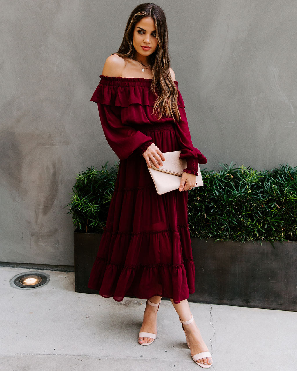 Alicia Off The Shoulder Tiered Midi Dress - Burgundy FATE-001