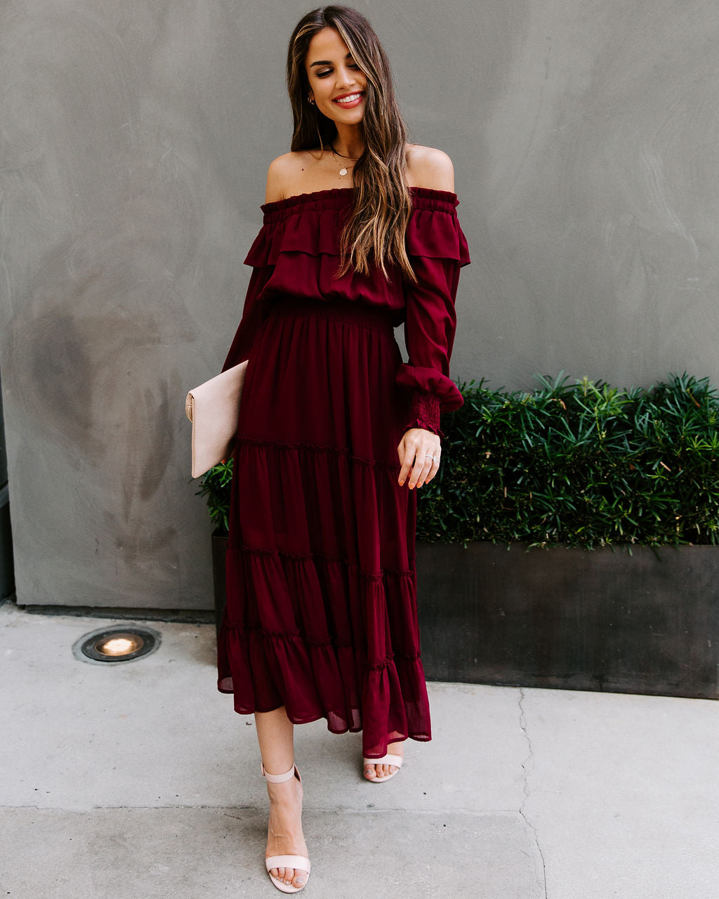 Alicia Off The Shoulder Tiered Midi Dress - Burgundy FATE-001