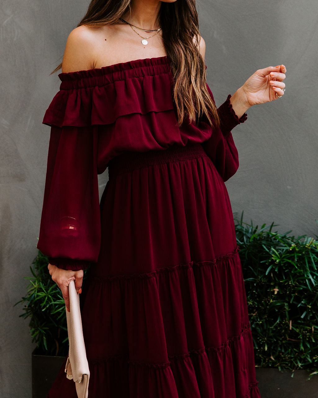 Alicia Off The Shoulder Tiered Midi Dress - Burgundy FATE-001