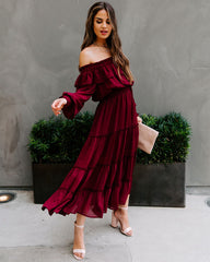 Alicia Off The Shoulder Tiered Midi Dress - Burgundy FATE-001