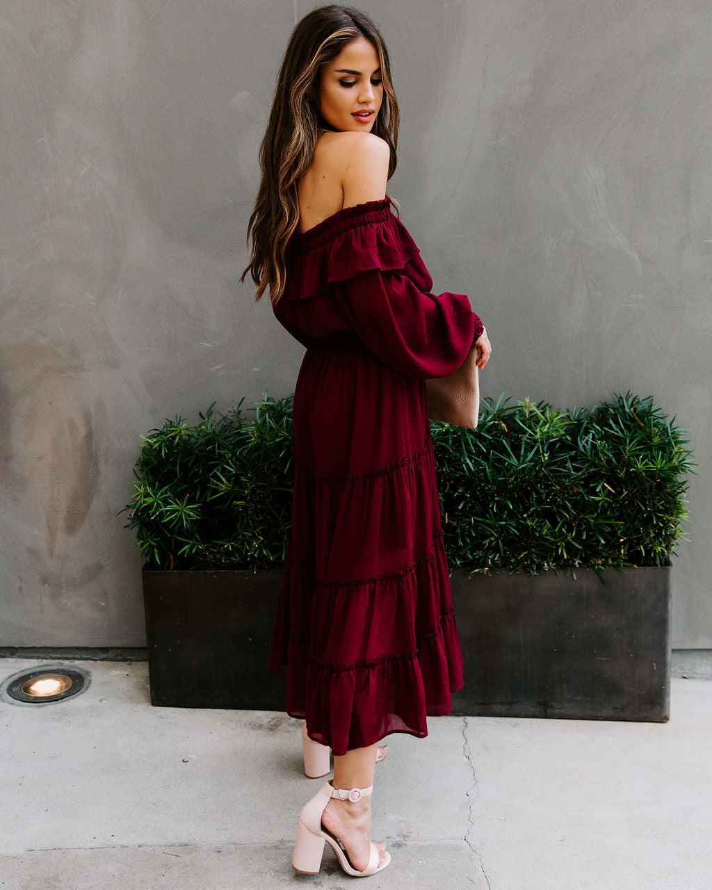 Alicia Off The Shoulder Tiered Midi Dress - Burgundy FATE-001