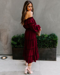 Alicia Off The Shoulder Tiered Midi Dress - Burgundy FATE-001