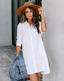 Risky Business Pocketed Button Down Shirt Dress - White Ins Street