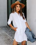 Risky Business Pocketed Button Down Shirt Dress - White