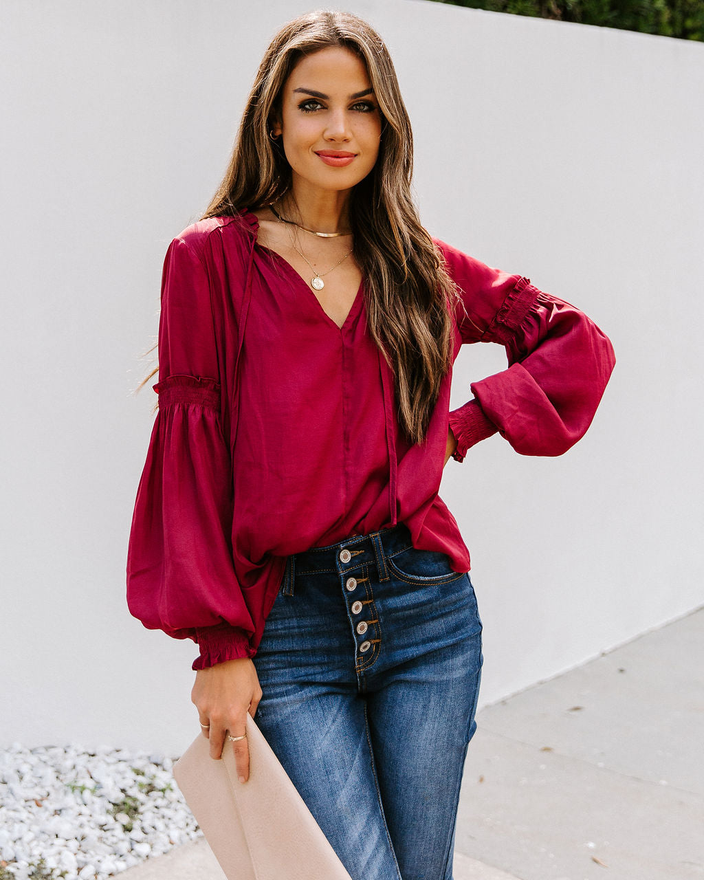 Hollis Satin Smocked Ruffle Blouse - Wine Ins Street