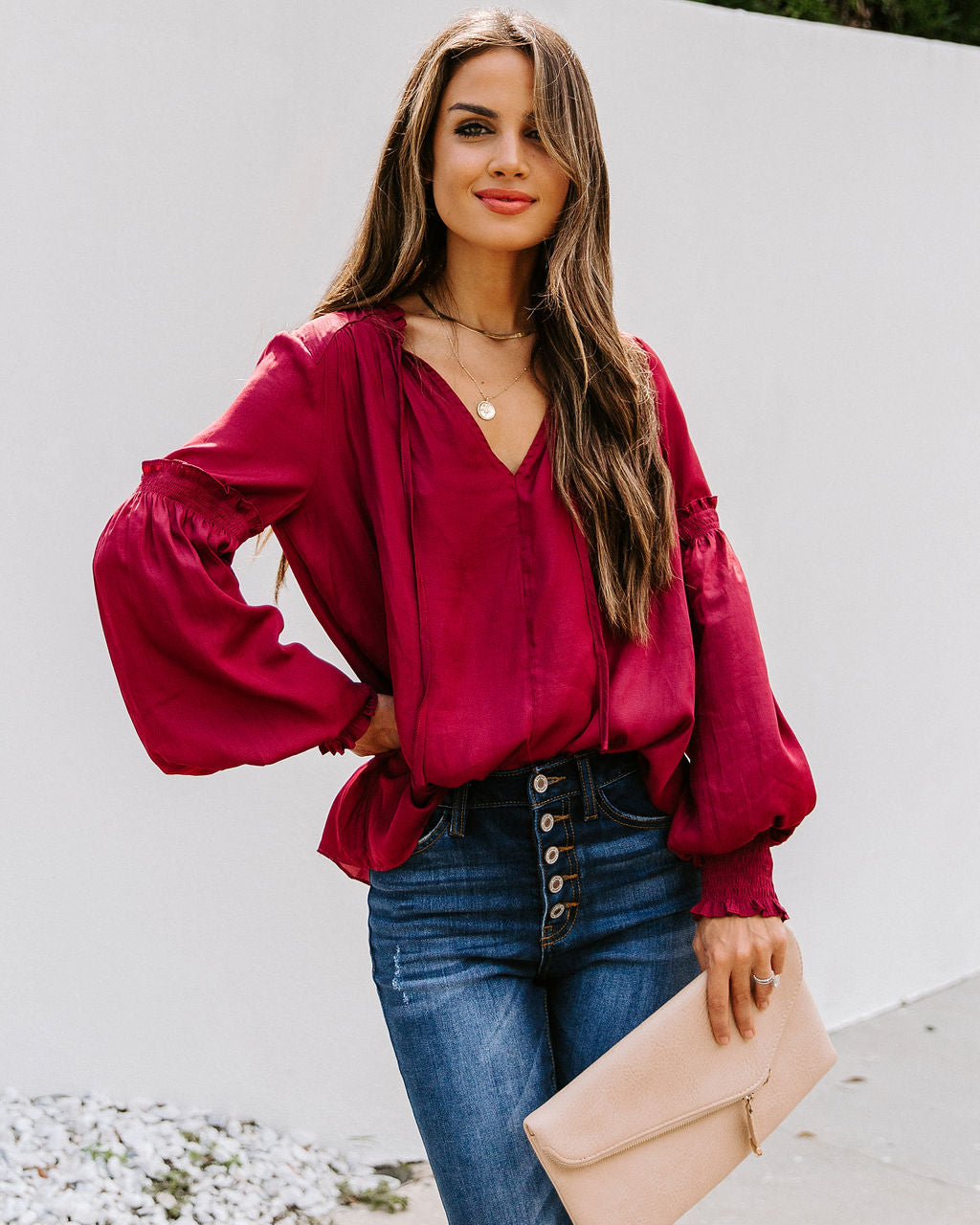 Hollis Satin Smocked Ruffle Blouse - Wine Ins Street