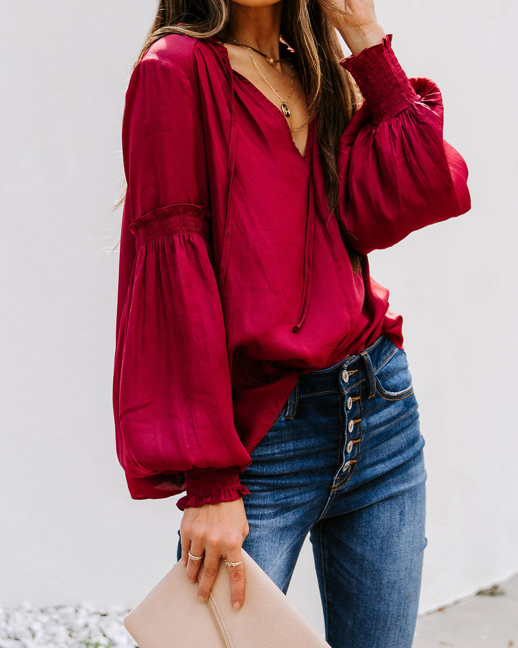 Hollis Satin Smocked Ruffle Blouse - Wine Ins Street