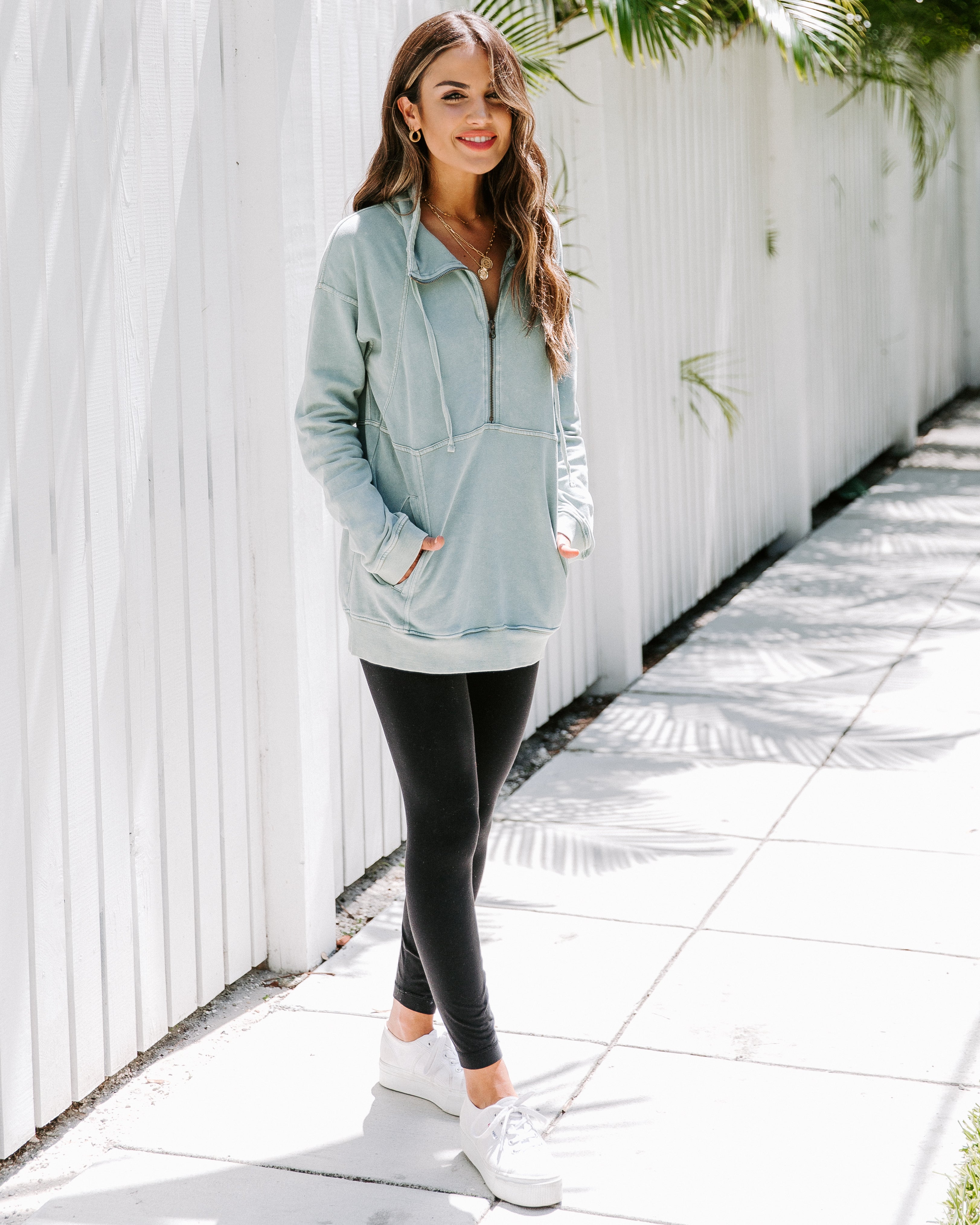 Long Weekend Cotton Pocketed Half Zip Pullover - Mint Ins Street