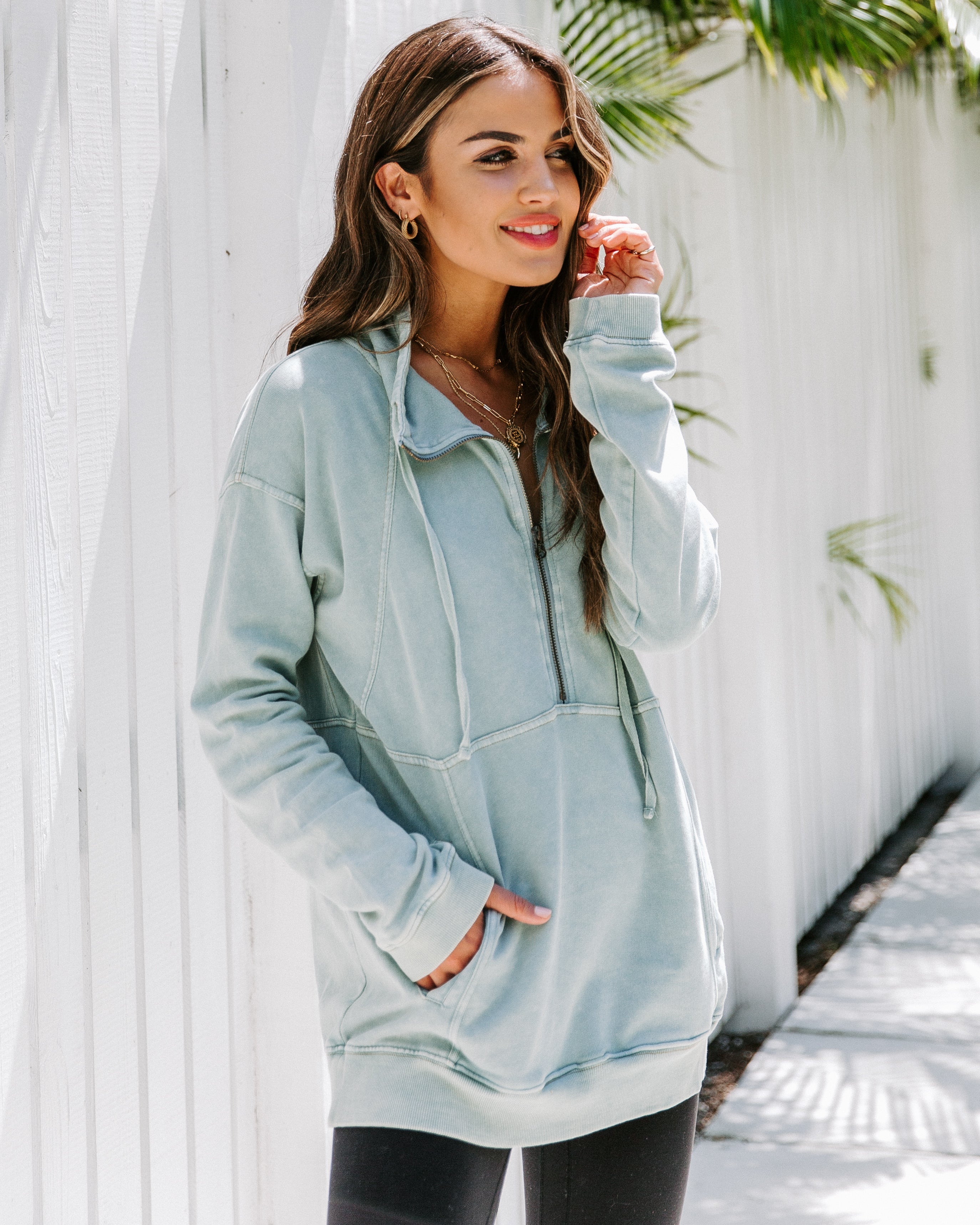Long Weekend Cotton Pocketed Half Zip Pullover - Mint Ins Street