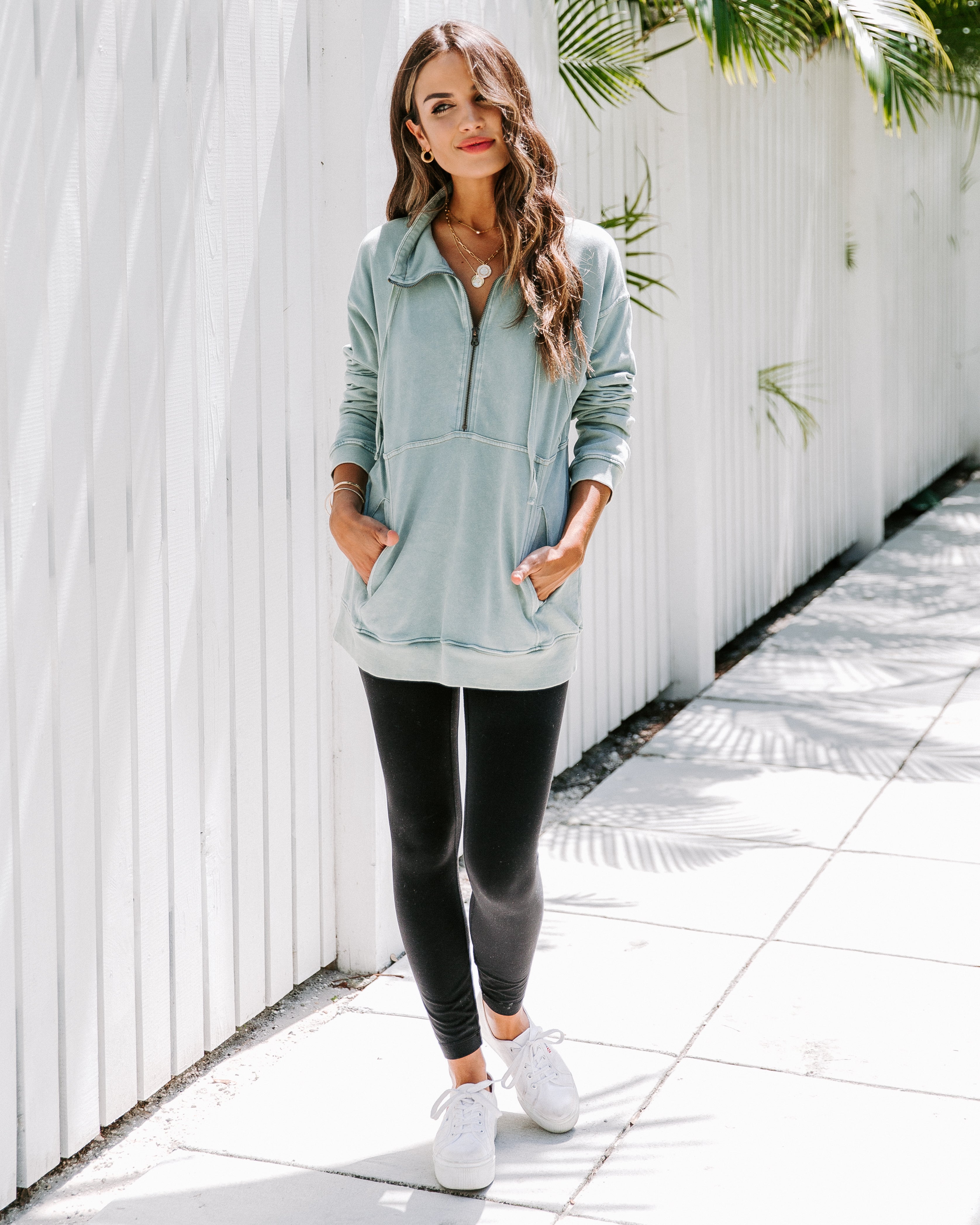 Long Weekend Cotton Pocketed Half Zip Pullover - Mint Ins Street